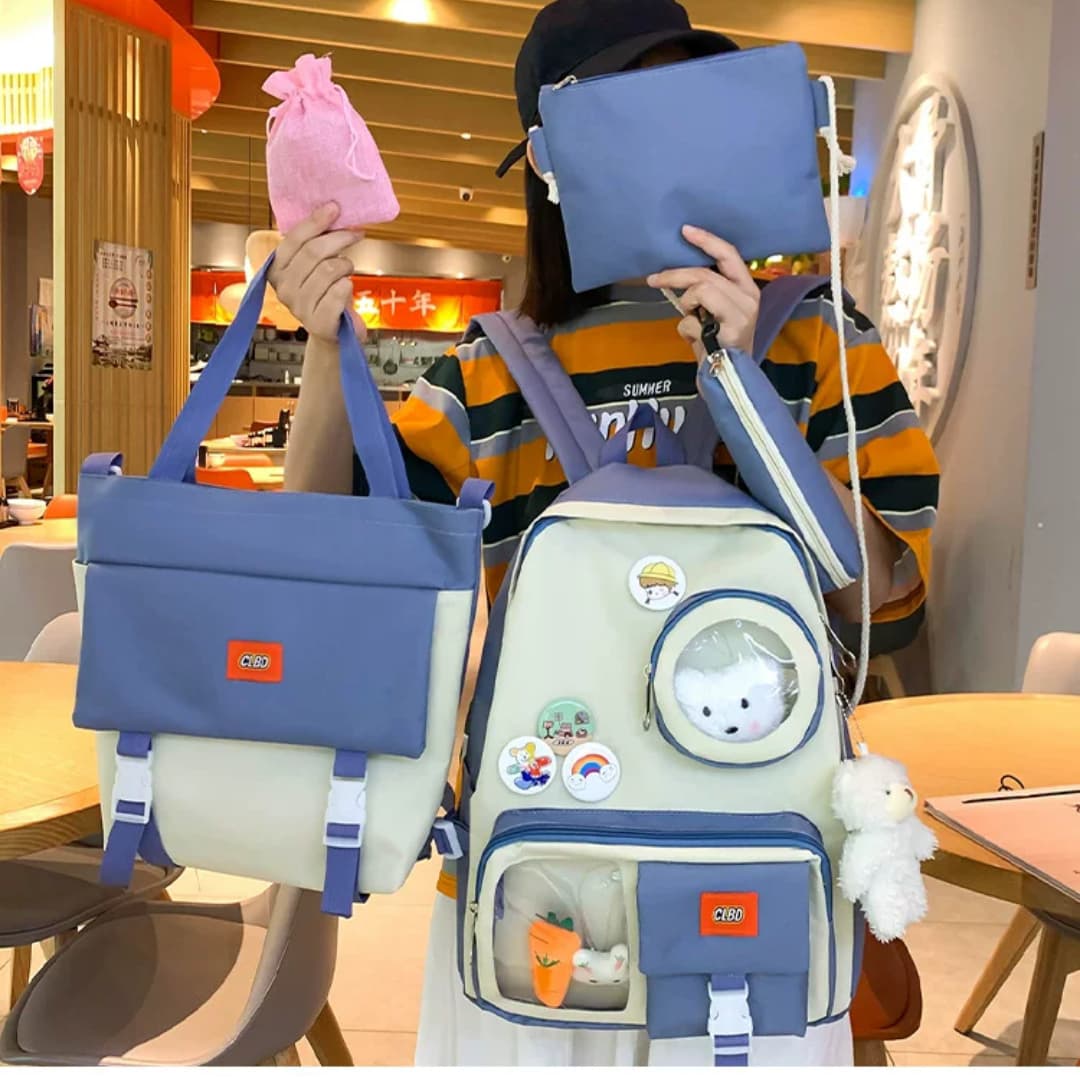 5 Set Backpack for Teenager Girl - Blue Waterproof School BookBag