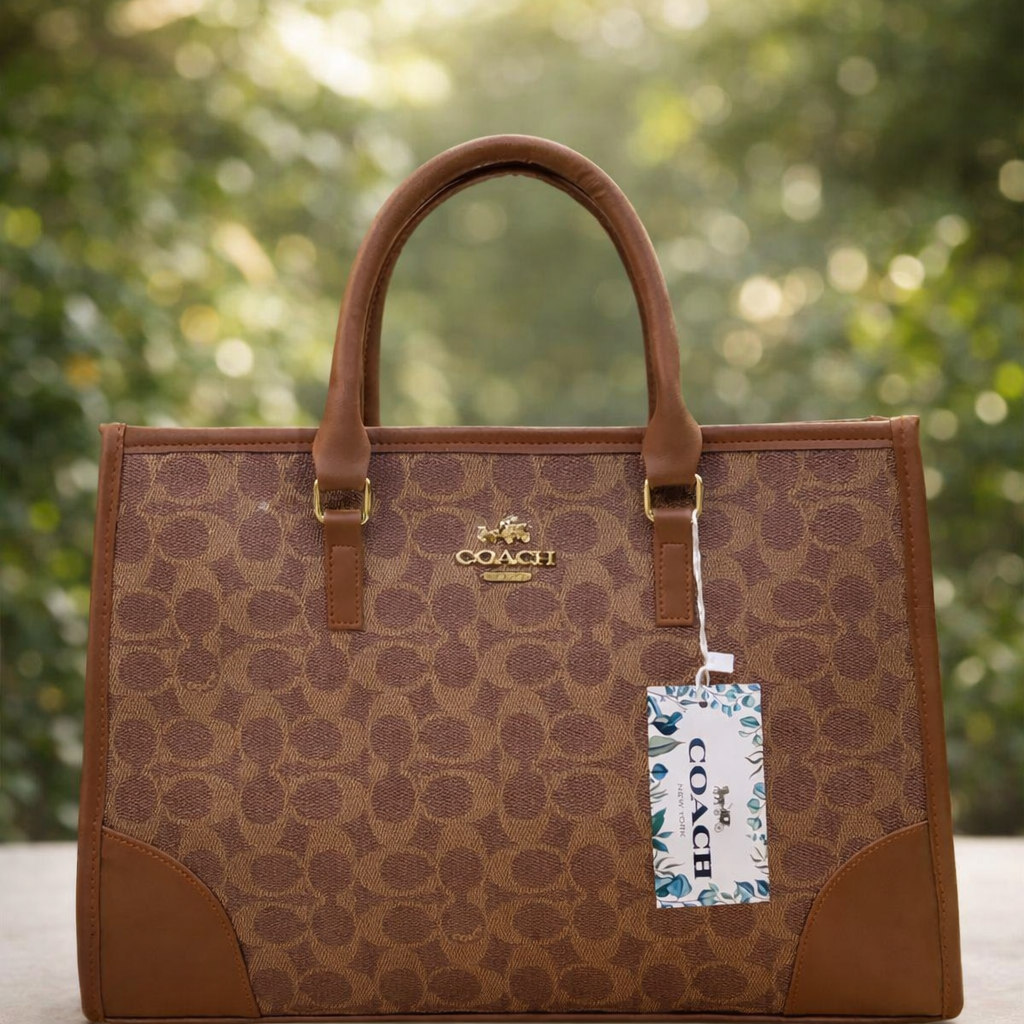 Coach Signature Print Tote Bag for Women - Beige, Double Top Handles
