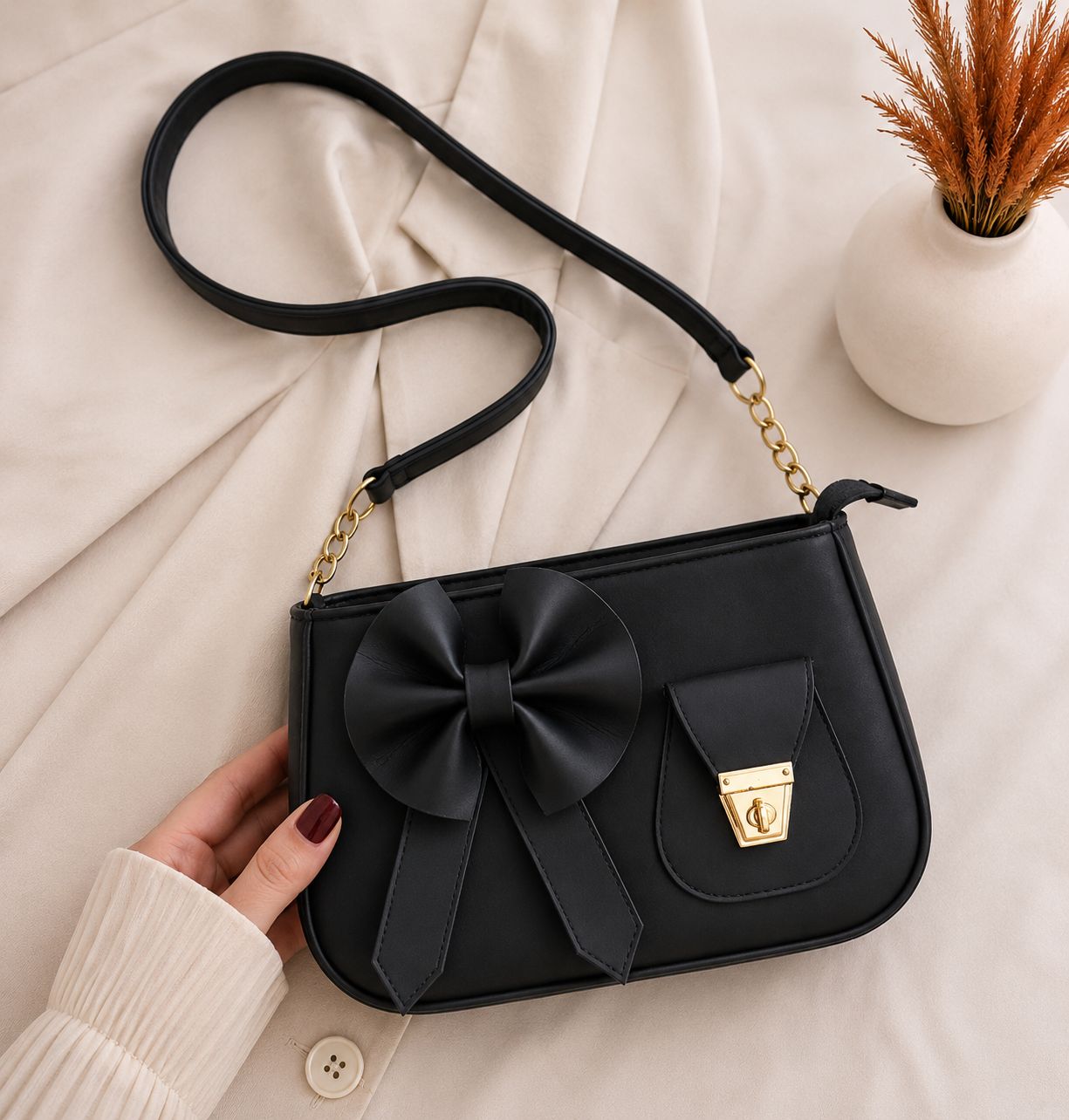 Bella Bow Shoulder Bag - Black Mini Handbag with Bow Design
