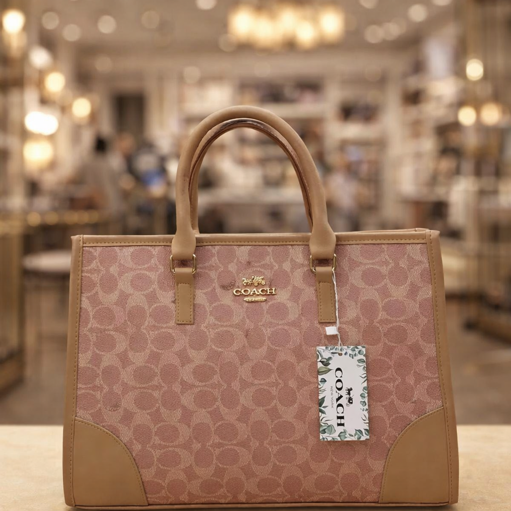Coach Signature Print Tote Bag for Women - Beige, Double Top Handles