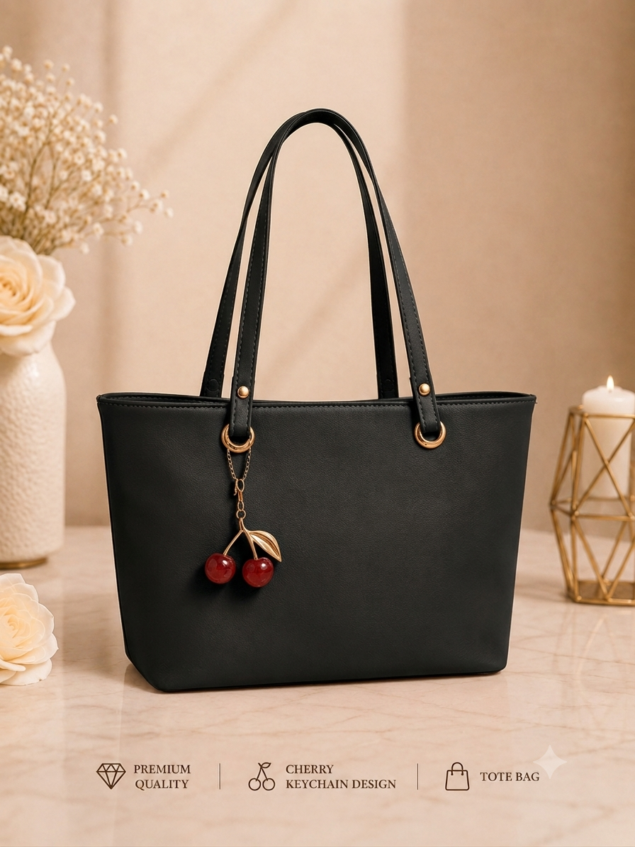 Cherry Charm Women's Tote Bag - Black, Dual Zip Compartments