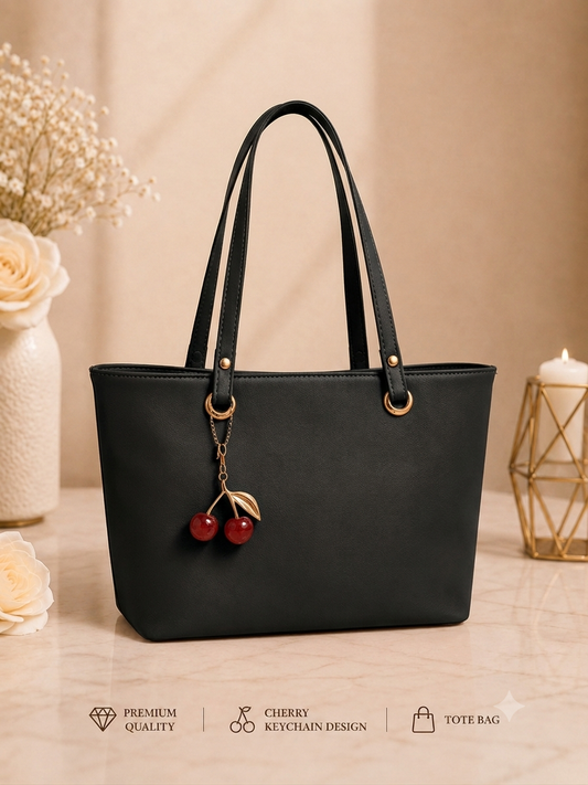 Cherry Charm Women's Tote Bag - Black, Dual Zip Compartments