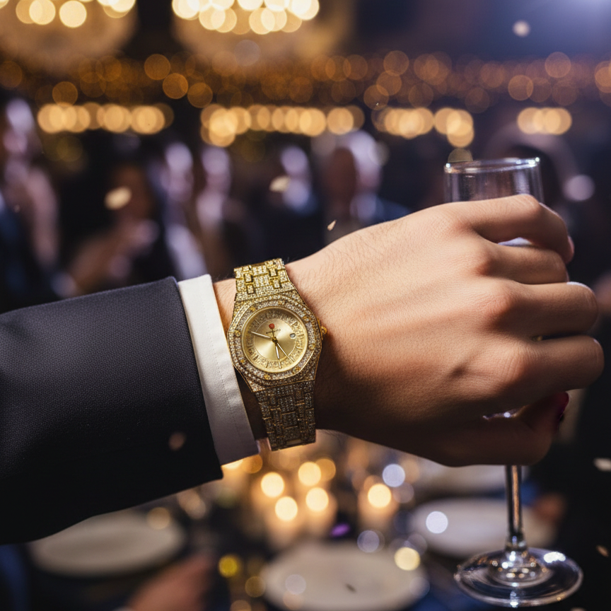 Luxury Gold Diamond-Studded Wrist Watch – Premium Designer Style Quartz Watch for Men & Women - Image 4