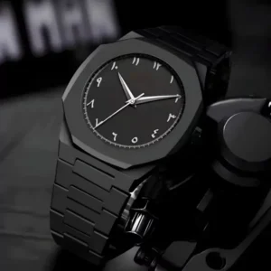Black Minimalist Analog Wrist Aura Watch With Stainless Steel Strap And Butterfly Lock – Men's Watch