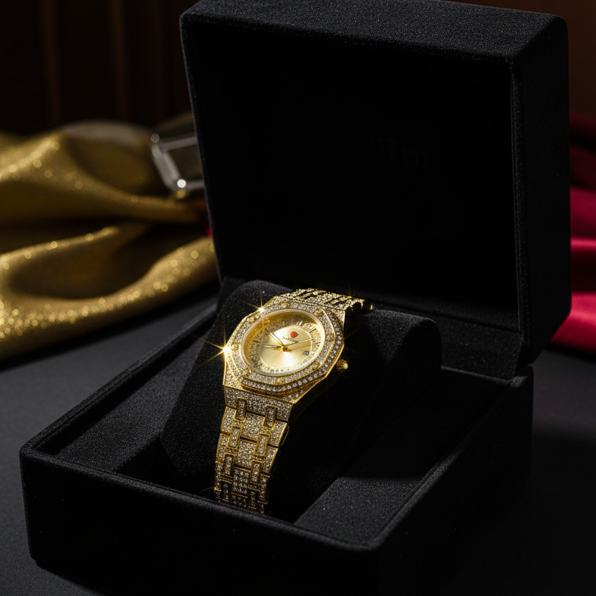 Luxury Gold Diamond-Studded Wrist Watch – Premium Designer Style Quartz Watch for Men & Women - Image 2