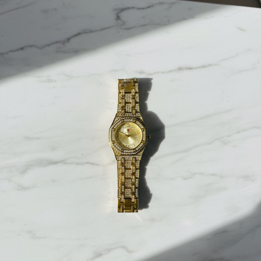 Luxury Gold Diamond-Studded Wrist Watch – Premium Designer Style Quartz Watch for Men & Women - Image 3